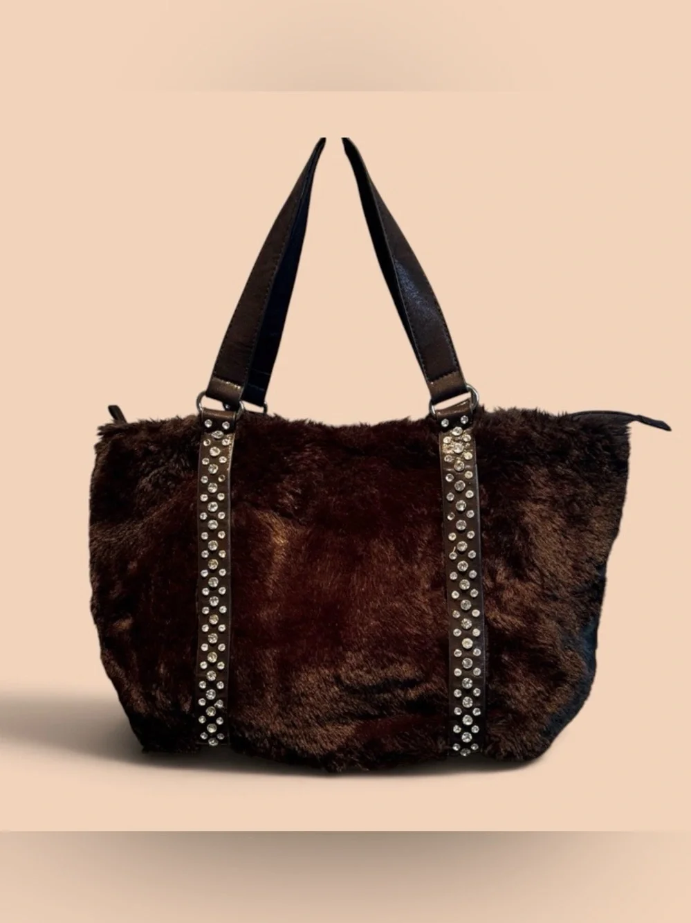 Black Faux Fur Tote Bag with Studded Straps